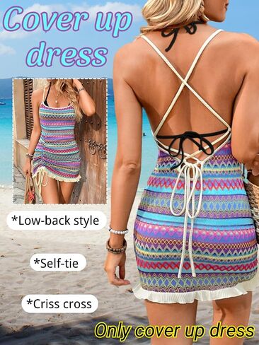 Boho Crochet Switcal Swimsust Coverup ، Bodycon Bodycon مربعة ، فساتين مصغرة للكشكش للنساء in Saudi Arabia