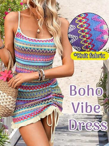 Boho Crochet Switcal Swimsust Coverup ، Bodycon Bodycon مربعة ، فساتين مصغرة للكشكش للنساء in Saudi Arabia