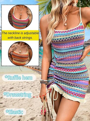 Boho Crochet Switcal Swimsust Coverup ، Bodycon Bodycon مربعة ، فساتين مصغرة للكشكش للنساء in Saudi Arabia