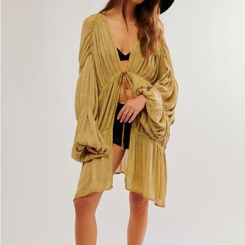 Summer Beach Cover Up Ruched Bell Sleeve Tops Women Bow Tie Front V Neck Shirt in Saudi Arabia