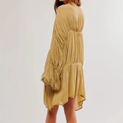 Summer Beach Cover Up Ruched Bell Sleeve Tops Women Bow Tie Front V Neck Shirt in Saudi Arabia