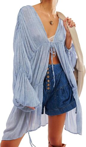 Summer Beach Cover Up Ruched Bell Sleeve Tops Women Bow Tie Front V Neck Shirt in Saudi Arabia