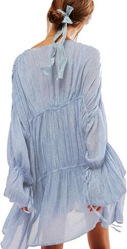 Summer Beach Cover Up Ruched Bell Sleeve Tops Women Bow Tie Front V Neck Shirt in Saudi Arabia
