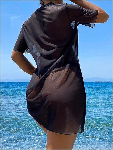 Wdirara Women's Goth Graphic Graphic Mesh Cover Up Short Sere See من خلال فستان الشاطئ in Saudi Arabia