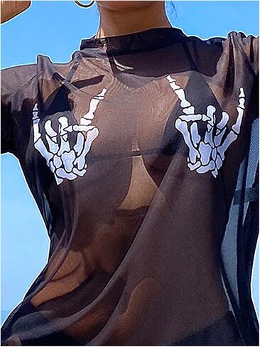 Wdirara Women's Goth Graphic Graphic Mesh Cover Up Short Sere See من خلال فستان الشاطئ in Saudi Arabia