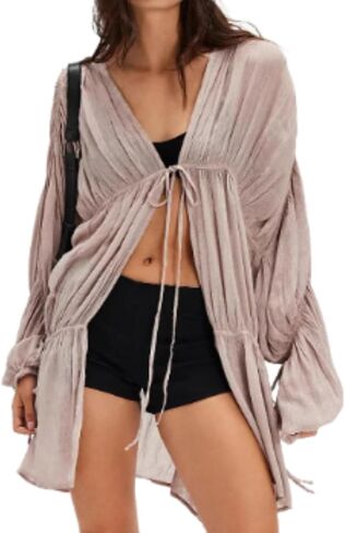 Summer Beach Cover Up Ruched Bell Sleeve Tops Women Bow Tie Front V Neck Shirt in Saudi Arabia