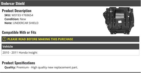 Lower Engine Undercar Shield Cover - Compatible with 2010-2011 Honda Insight in Saudi Arabia
