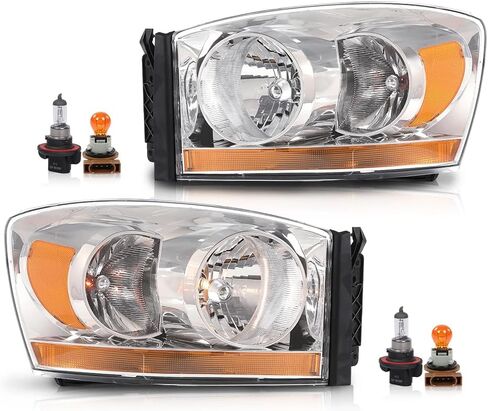 Headlights Assembly w/Bulbs Light Bar Left and Right Side Compatible with Dodge Ram 1500 2006-2008/Fit Dodge Ram 2500 3500 2006-2009 Clear Lens Chrome Housing Amber Reflector in Saudi Arabia