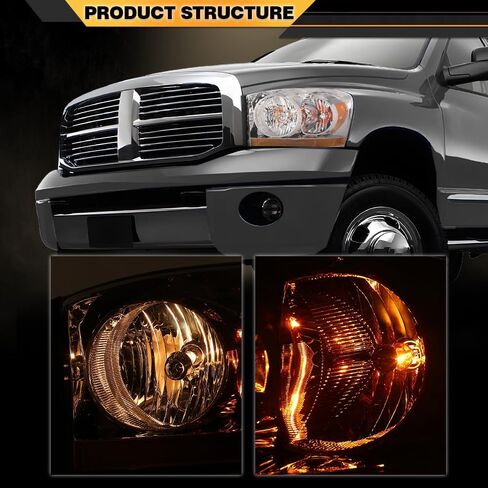 Headlights Assembly w/Bulbs Light Bar Left and Right Side Compatible with Dodge Ram 1500 2006-2008/Fit Dodge Ram 2500 3500 2006-2009 Clear Lens Chrome Housing Amber Reflector in Saudi Arabia