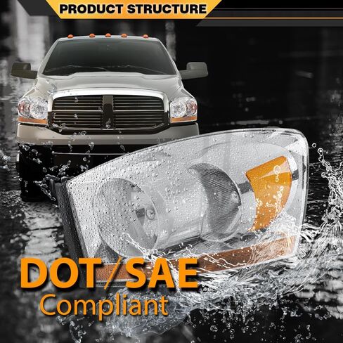 Headlights Assembly w/Bulbs Light Bar Left and Right Side Compatible with Dodge Ram 1500 2006-2008/Fit Dodge Ram 2500 3500 2006-2009 Clear Lens Chrome Housing Amber Reflector in Saudi Arabia