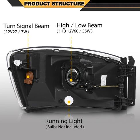 Headlights Assembly w/Bulbs Light Bar Left and Right Side Compatible with Dodge Ram 1500 2006-2008/Fit Dodge Ram 2500 3500 2006-2009 Clear Lens Chrome Housing Amber Reflector in Saudi Arabia
