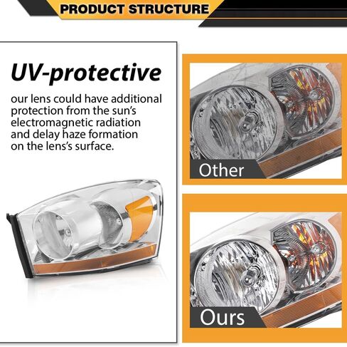 Headlights Assembly w/Bulbs Light Bar Left and Right Side Compatible with Dodge Ram 1500 2006-2008/Fit Dodge Ram 2500 3500 2006-2009 Clear Lens Chrome Housing Amber Reflector in Saudi Arabia