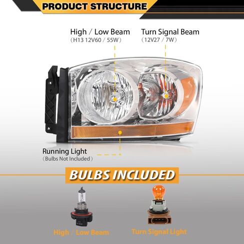 Headlights Assembly w/Bulbs Light Bar Left and Right Side Compatible with Dodge Ram 1500 2006-2008/Fit Dodge Ram 2500 3500 2006-2009 Clear Lens Chrome Housing Amber Reflector in Saudi Arabia