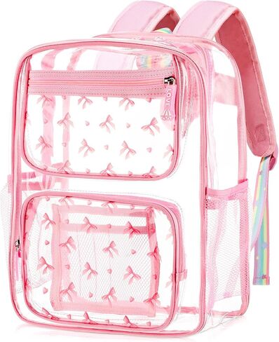 Pink Bow Clear Backpack Coquette Gift Preppy Cute Stadium Approved See Through Backpack 16 H x 6 W x 12 L Heavy Duty PVC Waterproof Transparent Bag for Summer Travel Work Stadium Events in Saudi Arabia