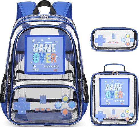 Clear Backpack for Boys, Clear Gamer School Backpack Heavy Duty with Lunch Bag and Pencil Case, Transparent See Through Bookbag Stadium Approved for Teen Boy Kids Elementary Middle High School in Saudi Arabia