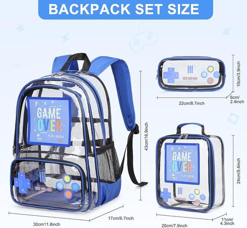 Clear Backpack for Boys, Clear Gamer School Backpack Heavy Duty with Lunch Bag and Pencil Case, Transparent See Through Bookbag Stadium Approved for Teen Boy Kids Elementary Middle High School in Saudi Arabia