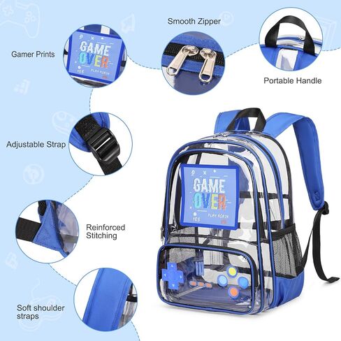 Clear Backpack for Boys, Clear Gamer School Backpack Heavy Duty with Lunch Bag and Pencil Case, Transparent See Through Bookbag Stadium Approved for Teen Boy Kids Elementary Middle High School in Saudi Arabia