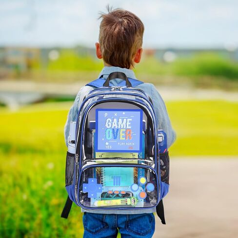 Clear Backpack for Boys, Clear Gamer School Backpack Heavy Duty with Lunch Bag and Pencil Case, Transparent See Through Bookbag Stadium Approved for Teen Boy Kids Elementary Middle High School in Saudi Arabia