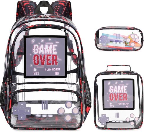 Clear Backpack for Boys, Clear Gamer School Backpack Heavy Duty with Lunch Bag and Pencil Case, Transparent See Through Bookbag Stadium Approved for Teen Boy Kids Elementary Middle High School in Saudi Arabia