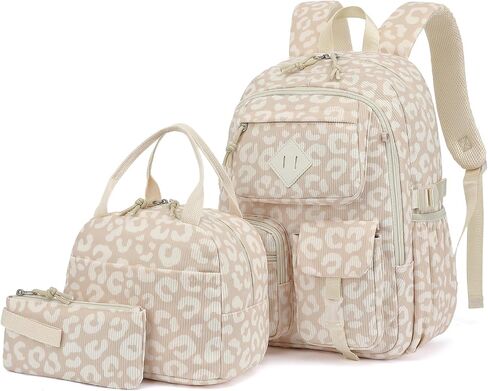 3pcs corduroy school backpack for Girls ، Kids Large Capacity Bagcs Councles with with box box and pencil bage (corduroy leopard) in Kuwait