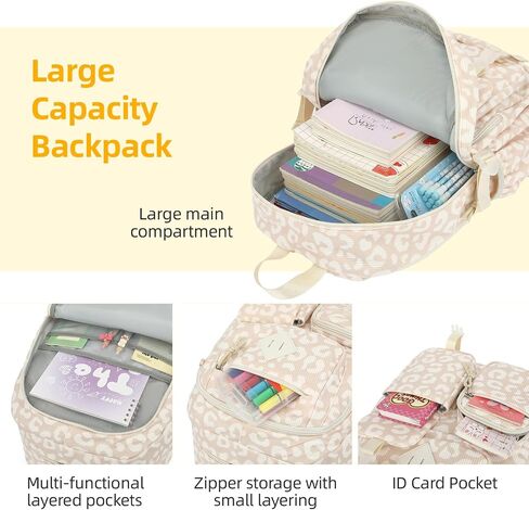 3pcs corduroy school backpack for Girls ، Kids Large Capacity Bagcs Councles with with box box and pencil bage (corduroy leopard) in Kuwait