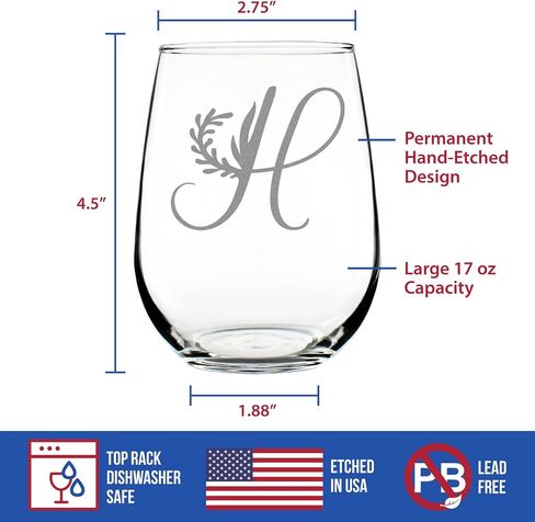 Monogram Floral Letter H - Stemless Wine Glass - Personalized Gifts for Women and Men - Large Engraved Glasses in Saudi Arabia