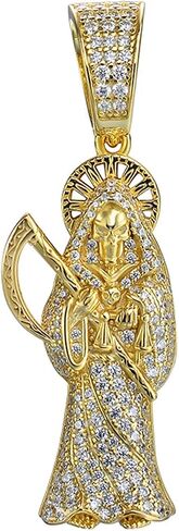 14k Gold Finish Over 925 Italy Iced Santa Muerte Charm Ice Out Pendant, Men's Jewelry, Gold Death Reaper, Christian Religious Charm for Men Women in Saudi Arabia
