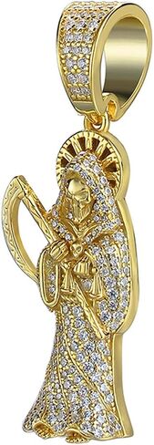14k Gold Finish Over 925 Italy Iced Santa Muerte Charm Ice Out Pendant, Men's Jewelry, Gold Death Reaper, Christian Religious Charm for Men Women in Saudi Arabia
