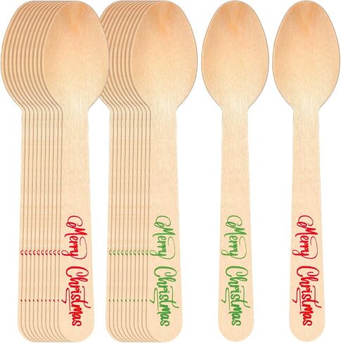 Hoolerry 100 pcs Disposable Christmas Wooden Spoons 5.5'' Red and Green Striped Pattern Spoons Hot Cocoa Chocolate Candy Cane Spoons Winter Tasting Bar Spoons for Cake Coffee Ice Cream in Kuwait