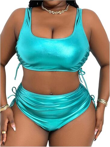 Oyoangle Women's Plus Size Metallic Scoop Neck Bikini مجموعة الرباط in Saudi Arabia