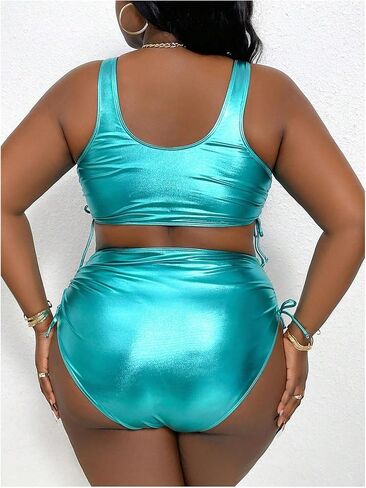 Oyoangle Women's Plus Size Metallic Scoop Neck Bikini مجموعة الرباط in Saudi Arabia