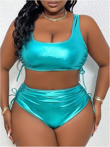 Oyoangle Women's Plus Size Metallic Scoop Neck Bikini مجموعة الرباط in Saudi Arabia