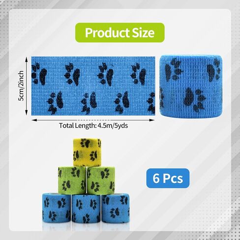 6 Roll 2 Inch x 5 Yards Paw Print Pet Vet Wrap for Dogs Cats, Cohesive Bandages in Bulk, Colorful Non-Woven Self Adhesive Bandages Wrap Roll for Pet Animals Wound Care, Ankle Sprains and Swelling in Saudi Arabia