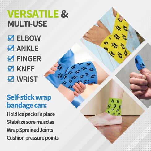 6 Roll 2 Inch x 5 Yards Paw Print Pet Vet Wrap for Dogs Cats, Cohesive Bandages in Bulk, Colorful Non-Woven Self Adhesive Bandages Wrap Roll for Pet Animals Wound Care, Ankle Sprains and Swelling in Saudi Arabia