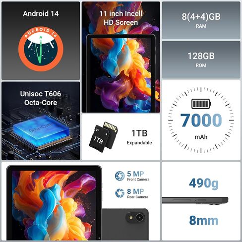 تابلت ApoloSign مقاس 11 بوصة يعمل بنظام Android 14، سعة تخزين 8(4+4) جيجابايت+128 جيجابايت (توسيع إلى 1 تيرابايت)، وحدة معالجة مركزية ثماني النواة، شاشة كبيرة مقاس 11 بوصة، 7000 مللي أمبير في الساعة، مكبرات صوت ستيريو مزدوجة، 5G WiFi، كاميرات مزدوجة 5+8 م in Saudi Arabia