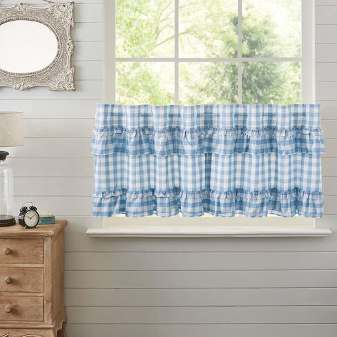 VHC Brands Annie Blue Buffalo Check Farmhouse Ruffled Tier Kitchen Curtain Set 24x36 in Saudi Arabia