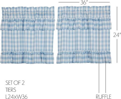 VHC Brands Annie Blue Buffalo Check Farmhouse Ruffled Tier Kitchen Curtain Set 24x36 in Saudi Arabia