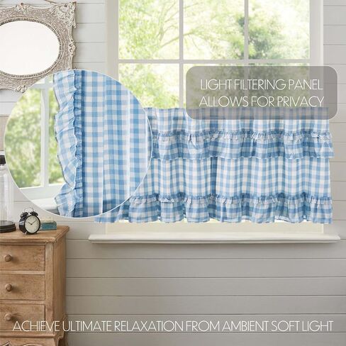 VHC Brands Annie Blue Buffalo Check Farmhouse Ruffled Tier Kitchen Curtain Set 24x36 in Saudi Arabia
