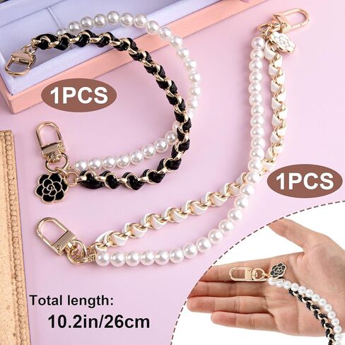 Isslly 1PCS Pearl Purse Extender Chain, Silver Bag Charm Handle, 10 mm Pearl Short Straps Replacement Decoration for Crossbody Bags, Handbags, Accessories for Bags with Metal Buckles in Kuwait