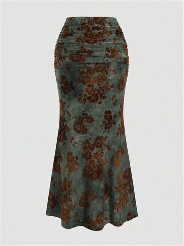 Women's Vintage Floral Ruched Fishtail Long Skirt High Waisted Bodycon Maxi Skirts in Saudi Arabia