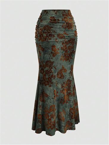 Women's Vintage Floral Ruched Fishtail Long Skirt High Waisted Bodycon Maxi Skirts in Saudi Arabia