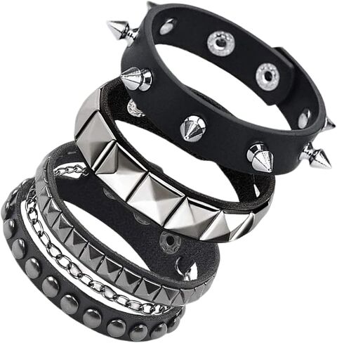 3 PCS Punk Rock Studded Bracelet Set ، أساور صخرية من الجلد الصخري الشرير ، سلسلة معصم خمر Retro FinTage لـ Man Woman ، سوار الكفة القوطية ، سوار معصم Emo ، إكسسوارات Emo للملابس الروكية in Saudi Arabia