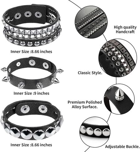 3 PCS Punk Rock Studded Bracelet Set ، أساور صخرية من الجلد الصخري الشرير ، سلسلة معصم خمر Retro FinTage لـ Man Woman ، سوار الكفة القوطية ، سوار معصم Emo ، إكسسوارات Emo للملابس الروكية in Saudi Arabia