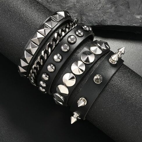3 PCS Punk Rock Studded Bracelet Set ، أساور صخرية من الجلد الصخري الشرير ، سلسلة معصم خمر Retro FinTage لـ Man Woman ، سوار الكفة القوطية ، سوار معصم Emo ، إكسسوارات Emo للملابس الروكية in Saudi Arabia