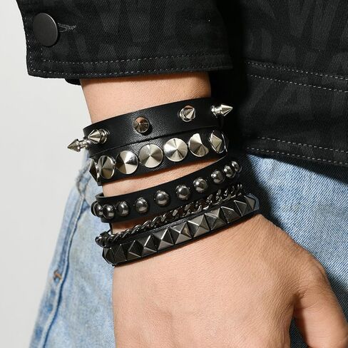 3 PCS Punk Rock Studded Bracelet Set ، أساور صخرية من الجلد الصخري الشرير ، سلسلة معصم خمر Retro FinTage لـ Man Woman ، سوار الكفة القوطية ، سوار معصم Emo ، إكسسوارات Emo للملابس الروكية in Saudi Arabia