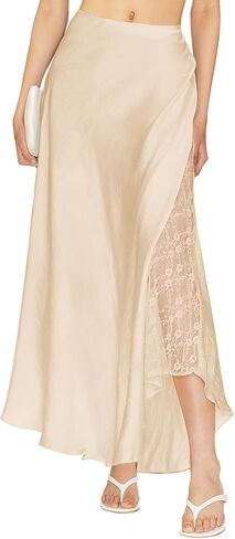 Womens Satin Skirts for Women Elegant A-line Cocktail Long Skirt High Waist Side Split Splicing Lace Midi Skirt in Kuwait