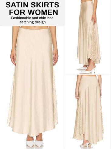 Womens Satin Skirts for Women Elegant A-line Cocktail Long Skirt High Waist Side Split Splicing Lace Midi Skirt in Kuwait