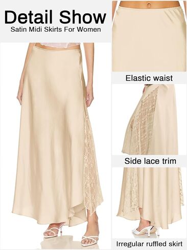 Womens Satin Skirts for Women Elegant A-line Cocktail Long Skirt High Waist Side Split Splicing Lace Midi Skirt in Kuwait