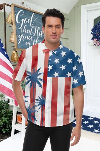 TMSD Men’s July 4th Independence Day Hawaiian Shirt Button Down Tropical Short Sleeve Summer Beach Shirt in Kuwait