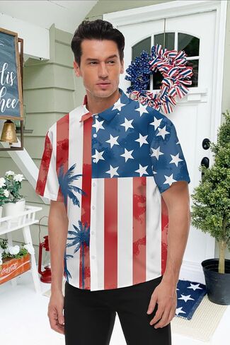 TMSD Men’s July 4th Independence Day Hawaiian Shirt Button Down Tropical Short Sleeve Summer Beach Shirt in Kuwait